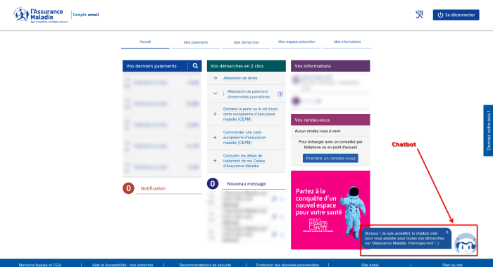Capture d'écran de l'interface utilisateur du site Ameli avec le chatbot en bas à droite entouré en rouge.